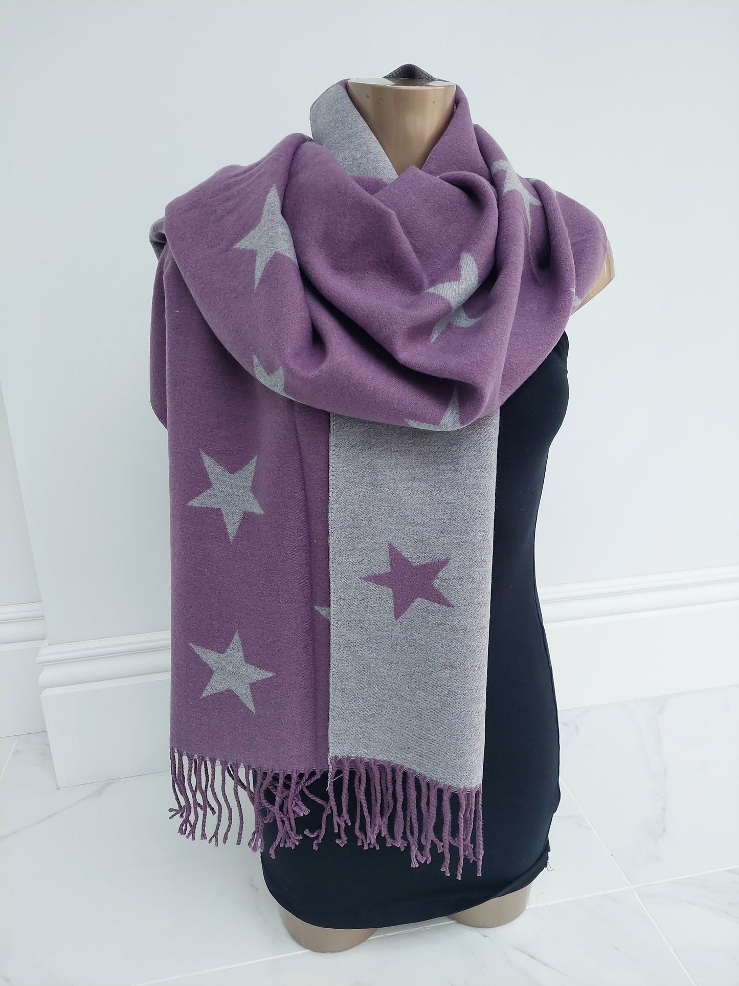 Best Seller⭐Star Pattern Reversible Winter Cashmere Wrap Tassel Scarf In Purple