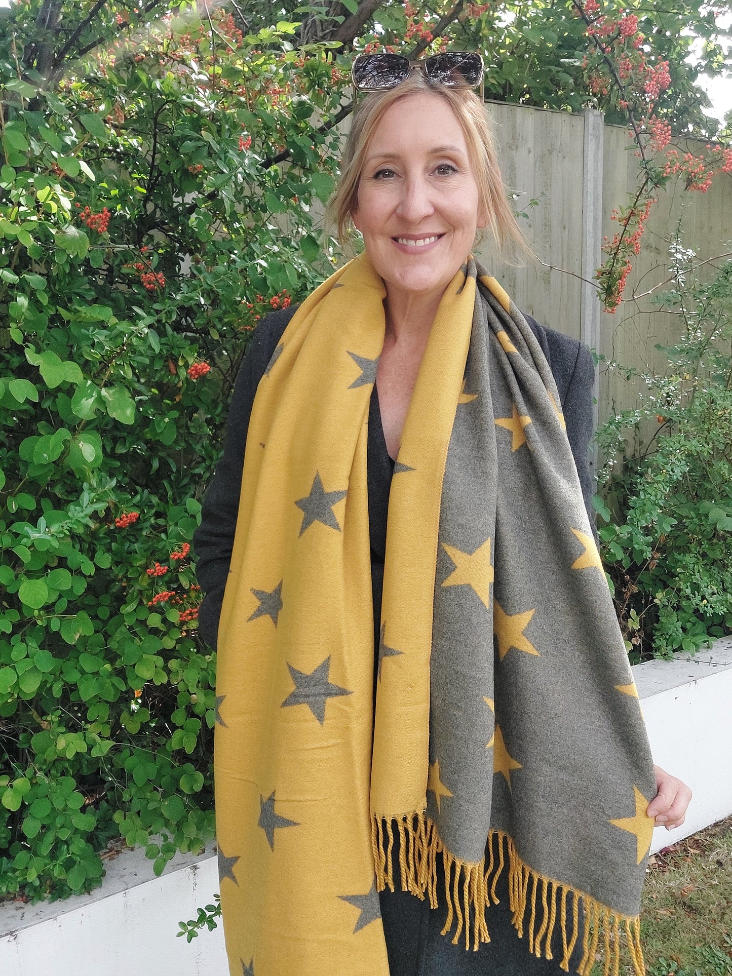 Star Pattern Reversible Winter Cashmere Wrap Tassel Scarf In Mustard