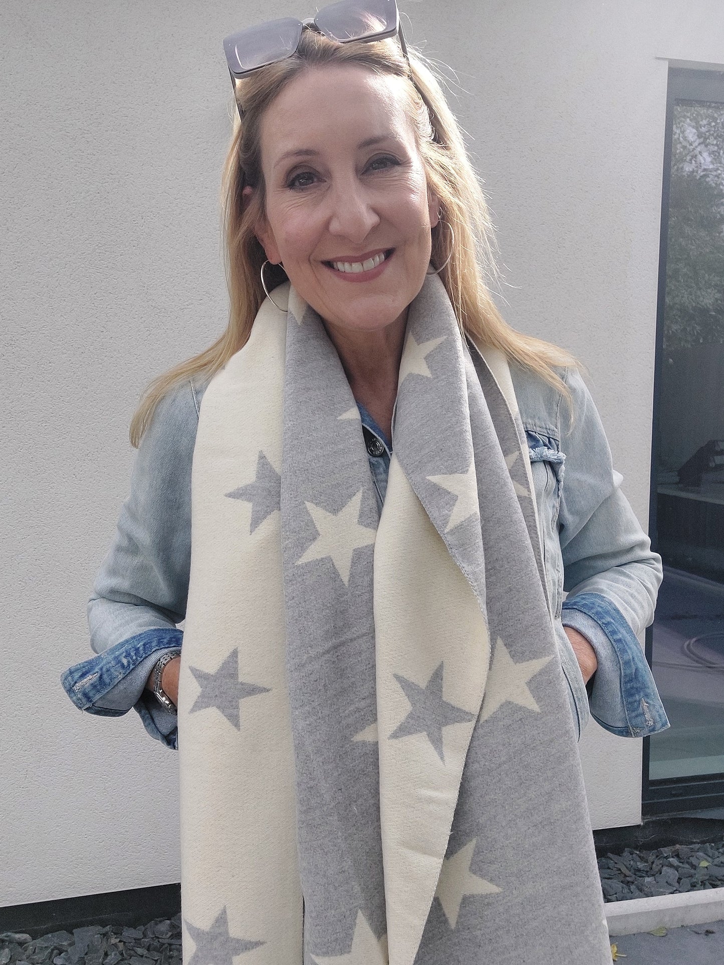Star Pattern Reversible Winter Cashmere Wrap Tassel Scarf In Cream