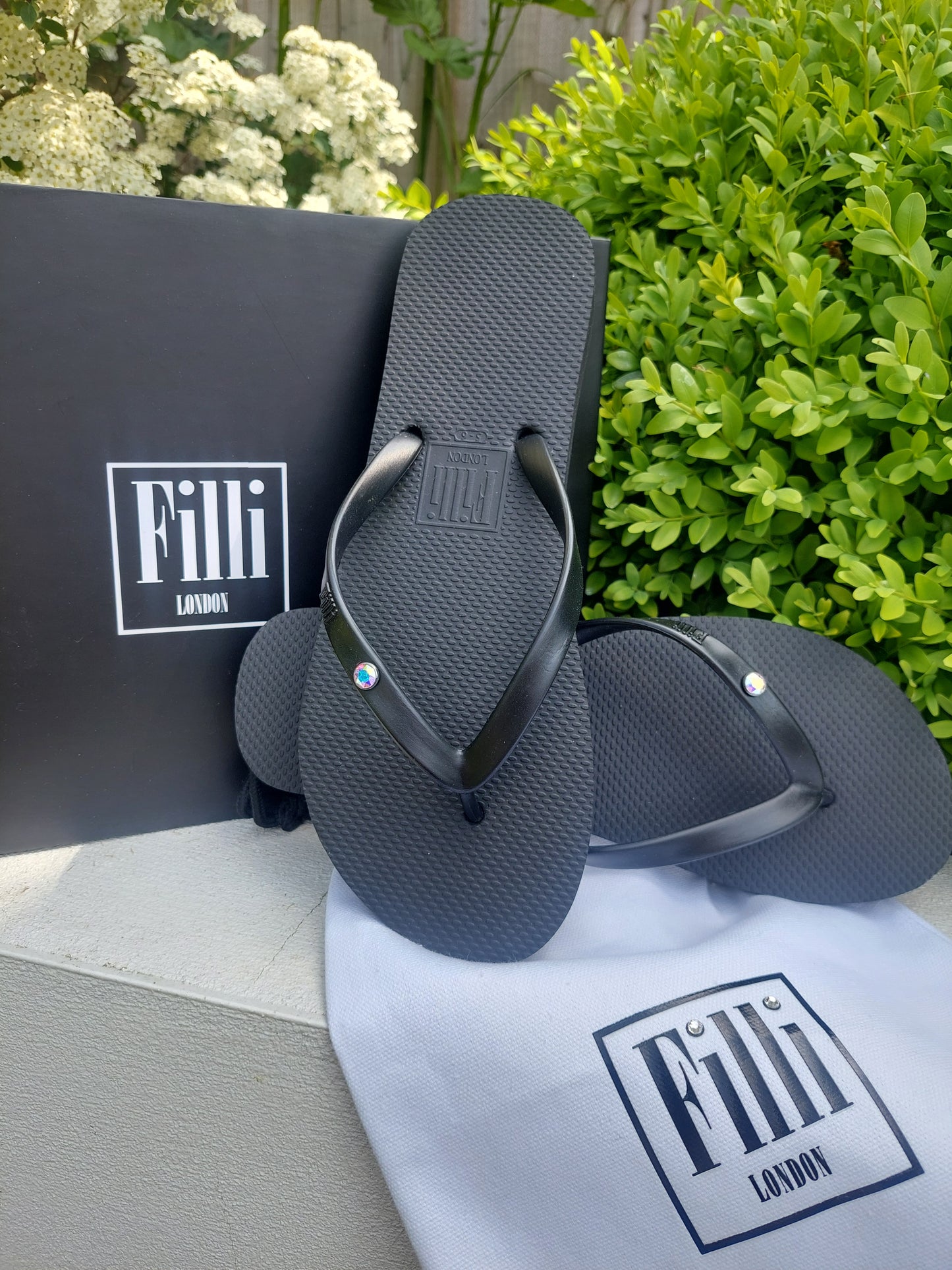 Aurora Luxury Crystal Flip Flops - Black - Filli London