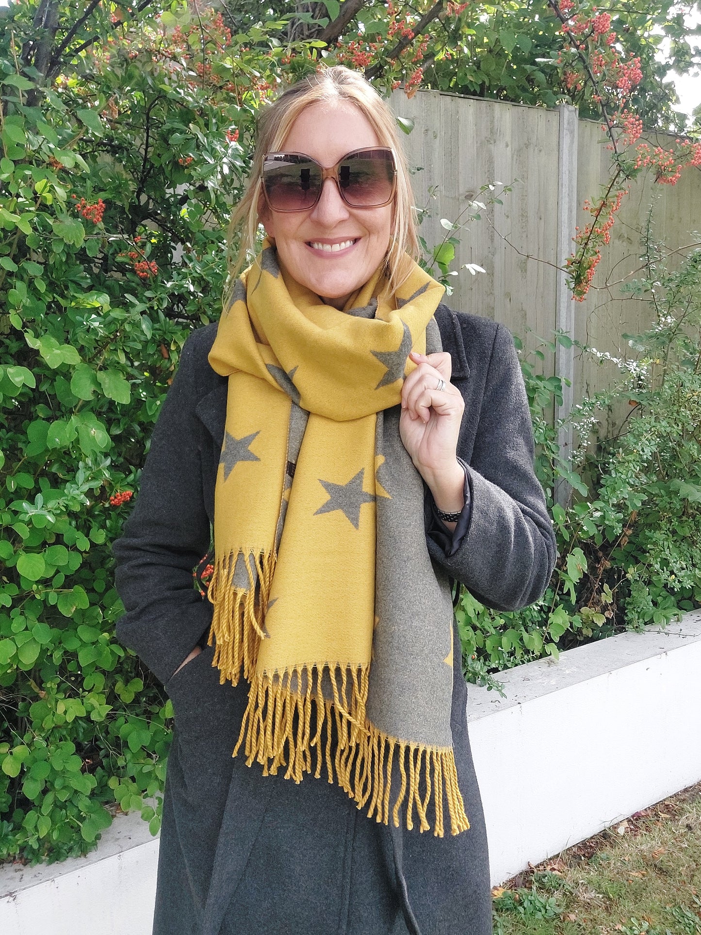 Star Pattern Reversible Winter Cashmere Wrap Tassel Scarf In Mustard