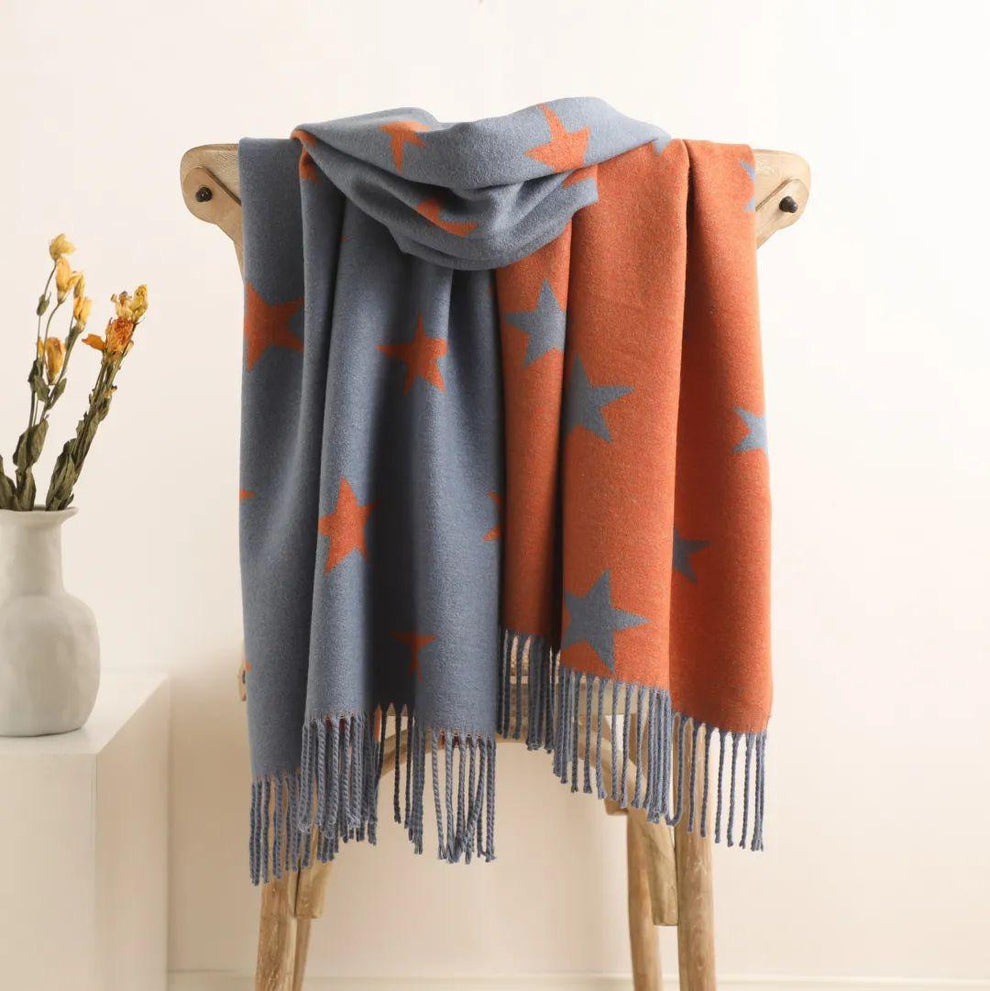 Star Pattern Reversible Winter Cashmere Wrap Tassel Scarf In Blue/Orange