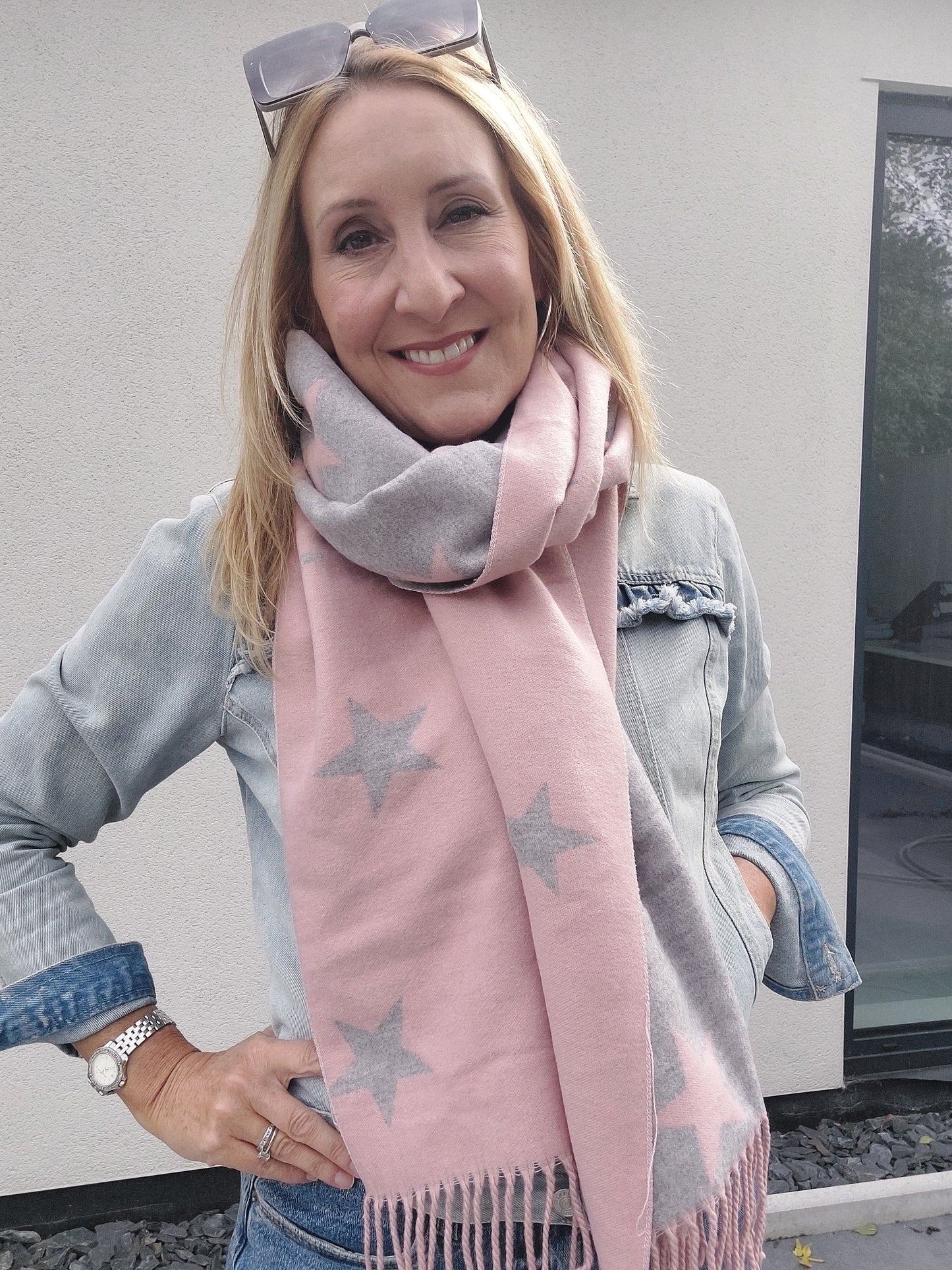 Star Pattern Reversible Winter Cashmere Wrap Tassel Scarf In Pink