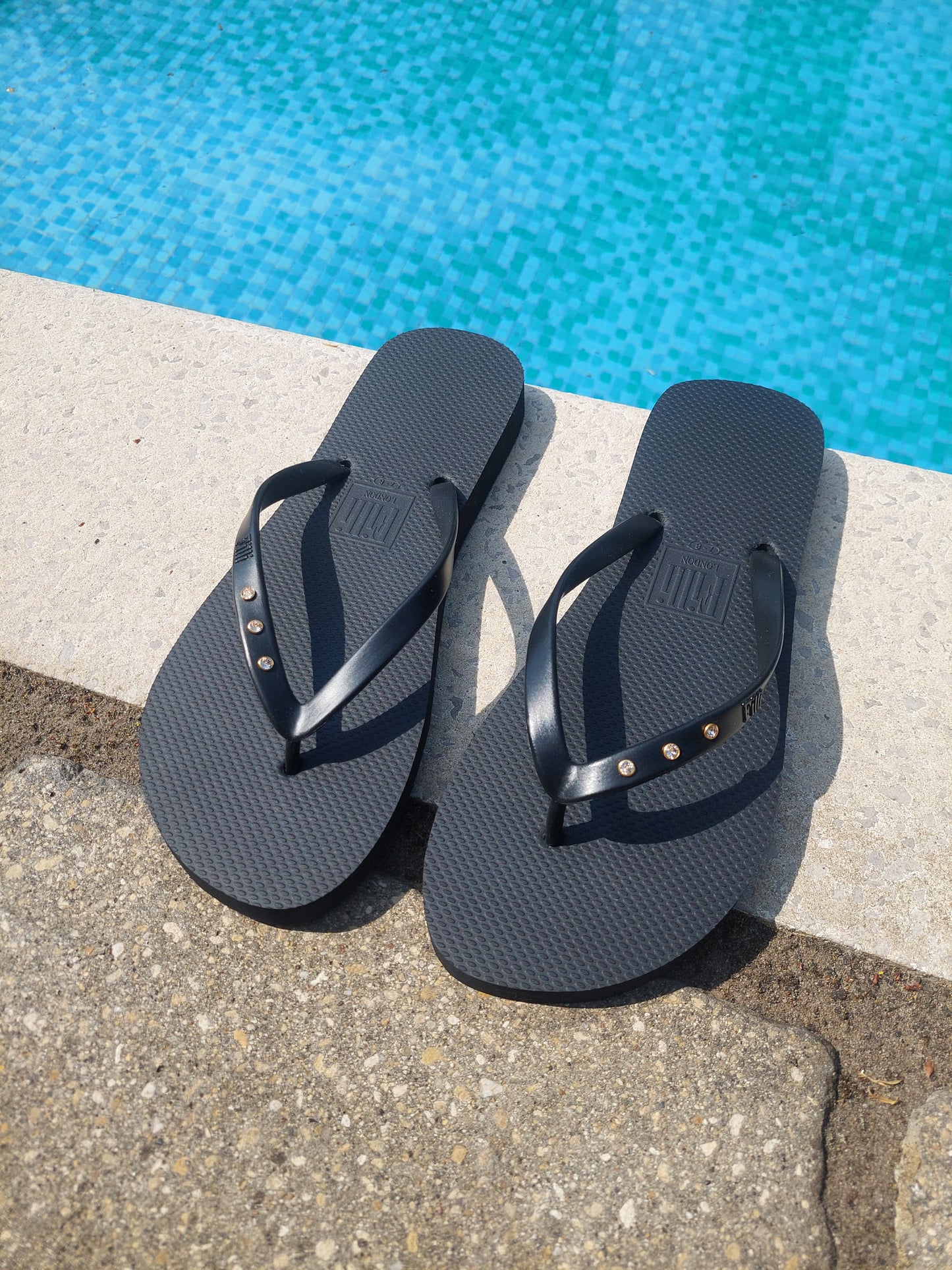 St Tropez Crystal Flip Flops In Black - Filli London