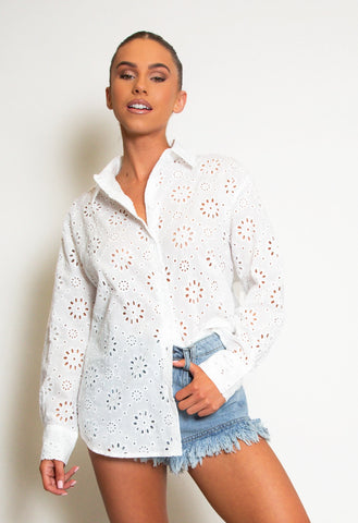 Broderie Anglaise Cotton Blouse Shirt In White - Filli London