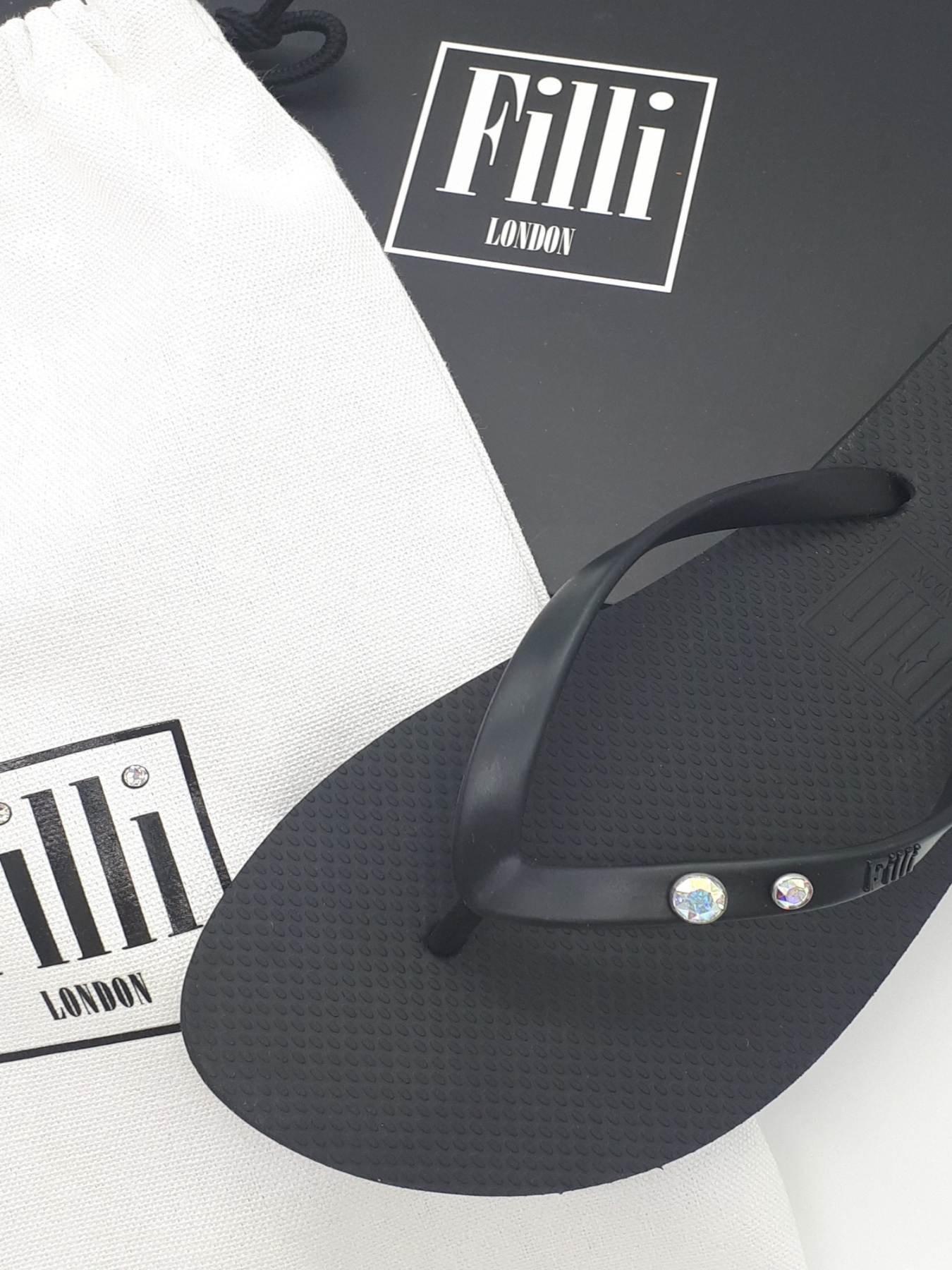 Aurora Crystal Duo Luxury Flip Flops - Black - Filli London