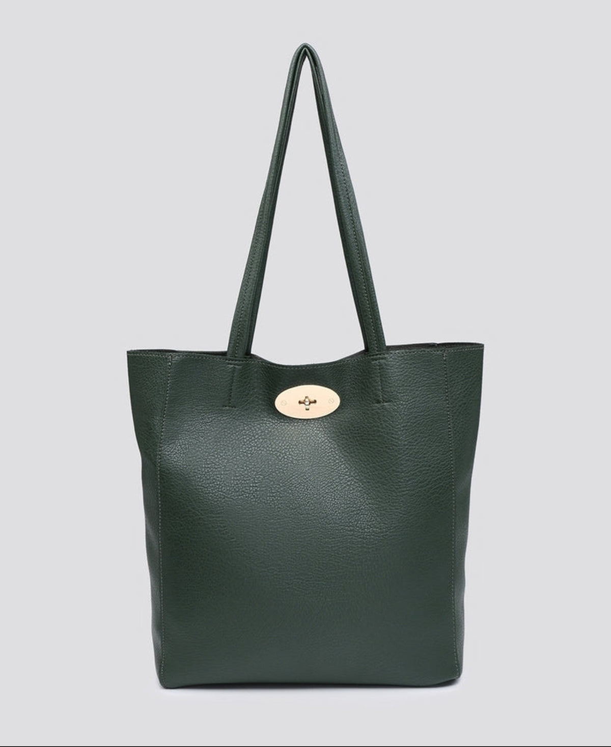 A dark green pebbled leather tote bag with dual shoulder straps and a gold-tone oval logo clasp, shown against a solid light gray background.