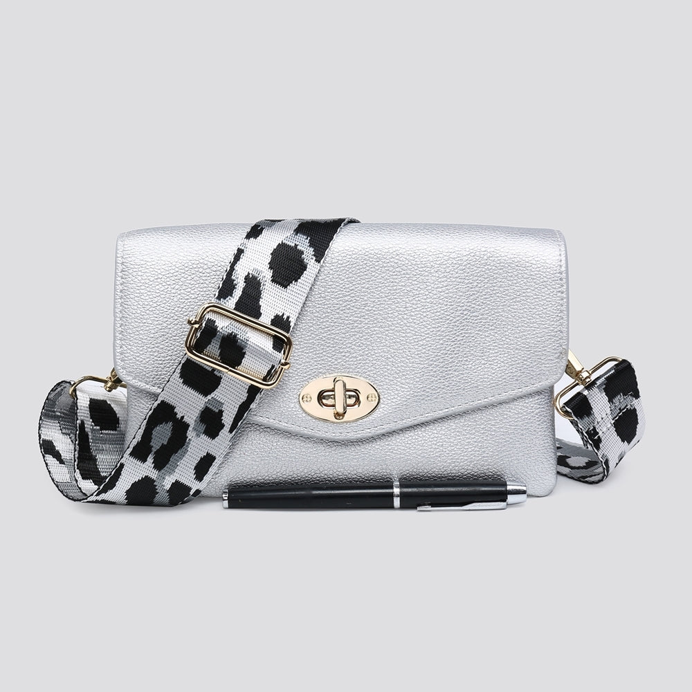 Silver Vegan Leather Crossbody Bag Leopard Strap In Silver
