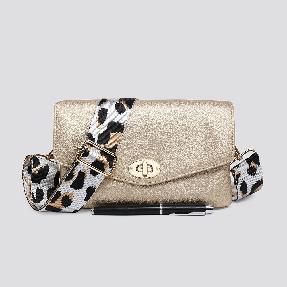 Vegan Leather Crossbody Bag Leopard Strap In Gold