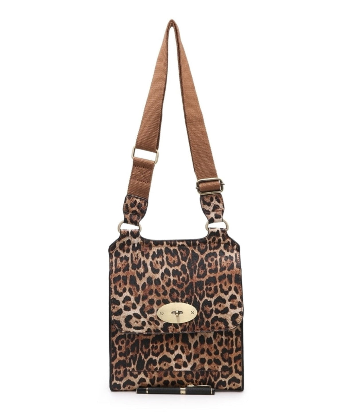 A leopard print shoulder bag with a brown leather strap and a gold-tone turn-lock closure, shown against a plain white background.
