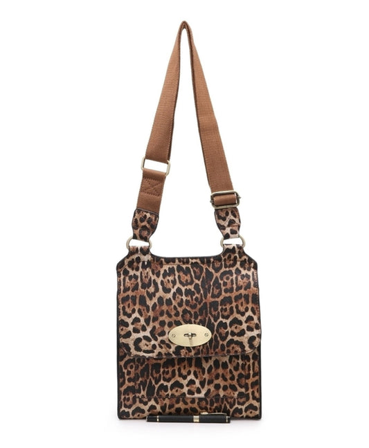 A leopard print shoulder bag with a brown leather strap and a gold-tone turn-lock closure, shown against a plain white background.