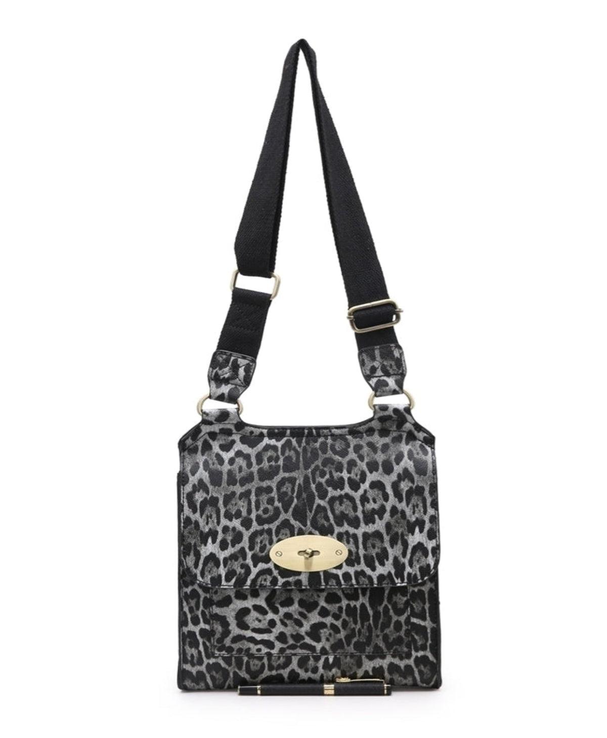 Leopard Print Faux Leather Messenger Bag In Black - Filli London