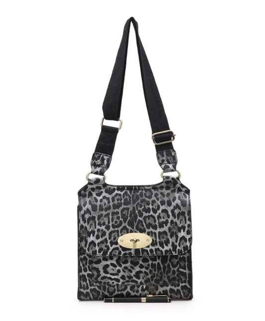 Leopard Print Faux Leather Messenger Bag In Black - Filli London