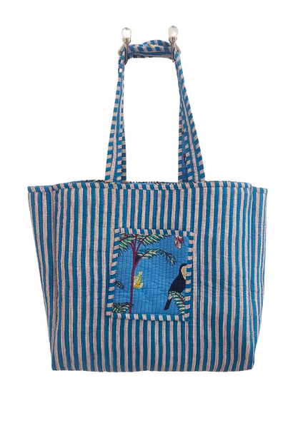 Reversible Quilted Cotton Jungle Print Tote/Beach Bag In Blue