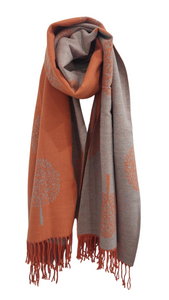 Tree Print Reversible Soft Blanket Scarf In Orange/Grey