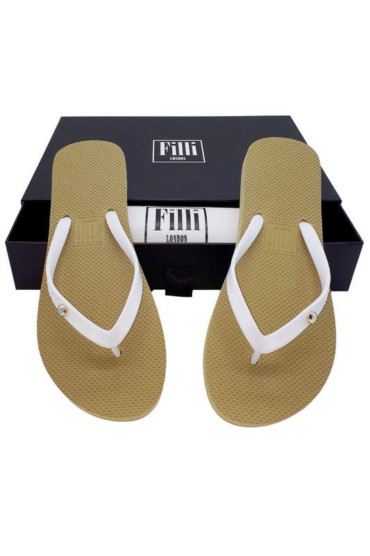 Aurora Luxury Crystal Flip Flops - White on Gold - Filli London