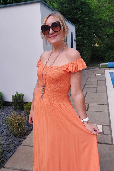 Phoebe Frill Strap Shirred Maxi Dress In Orange