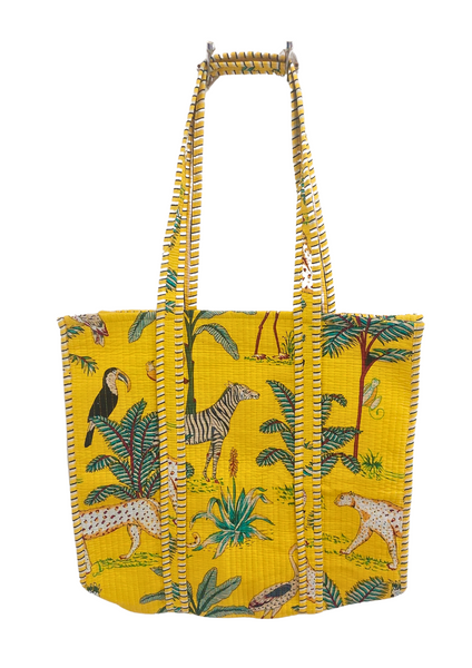 Reversible Quilted Cotton Jungle Print Tote/Beach Bag In Yellow