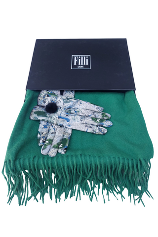 Luxury Leather Printed Gloves And Wool Scarf Gift Set In Green