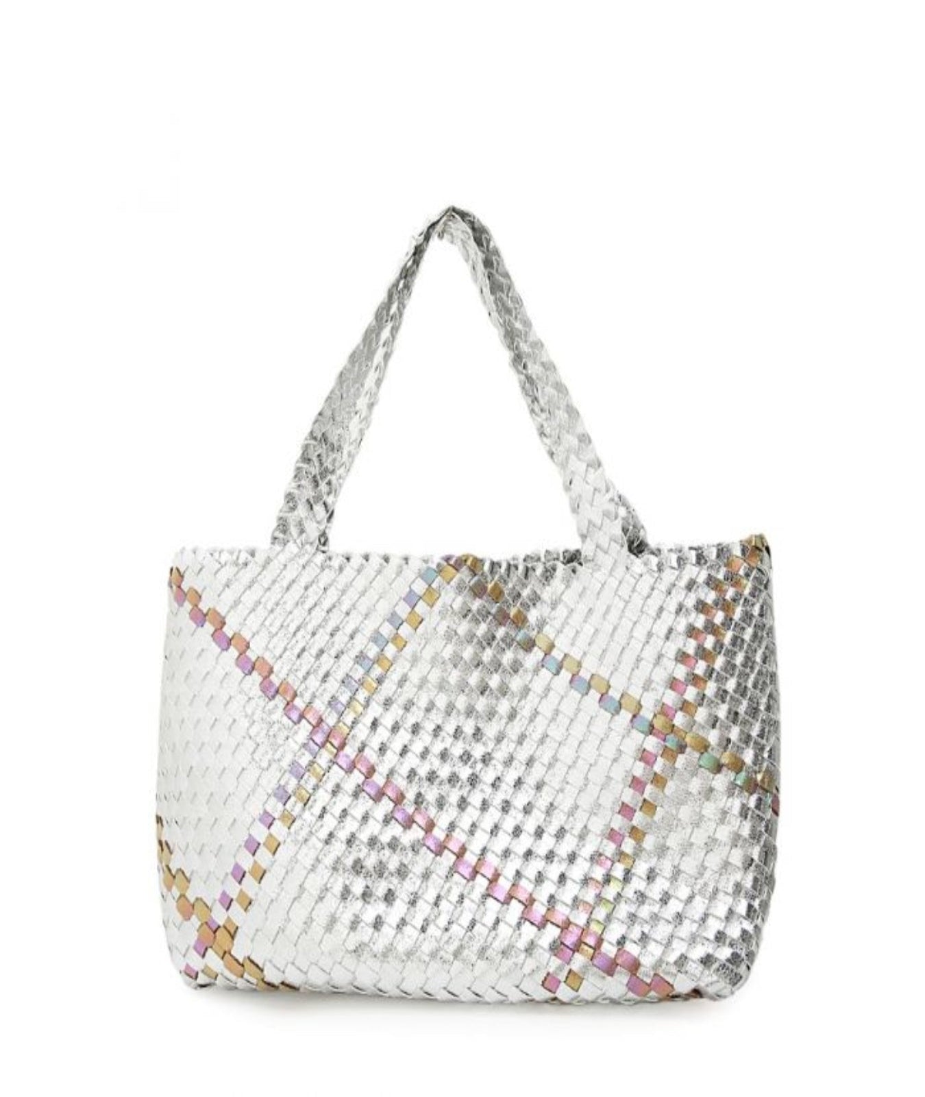 NEW ✨Luna Metallic Woven Tote Set In Silver