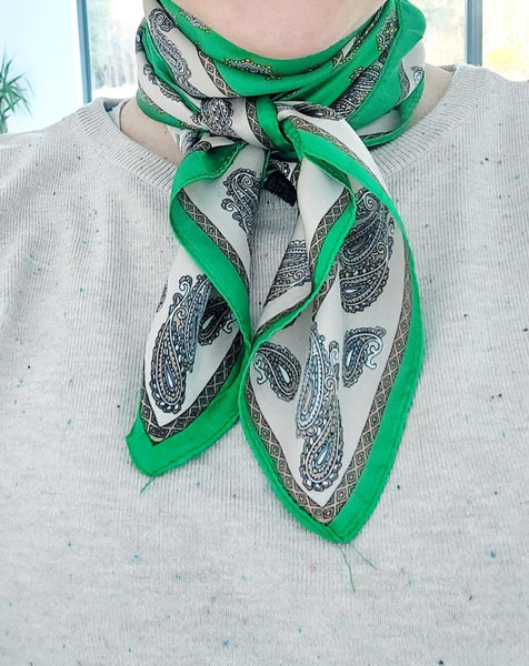Paisley Print Silk Neckerchief Scarf In Green - Filli London