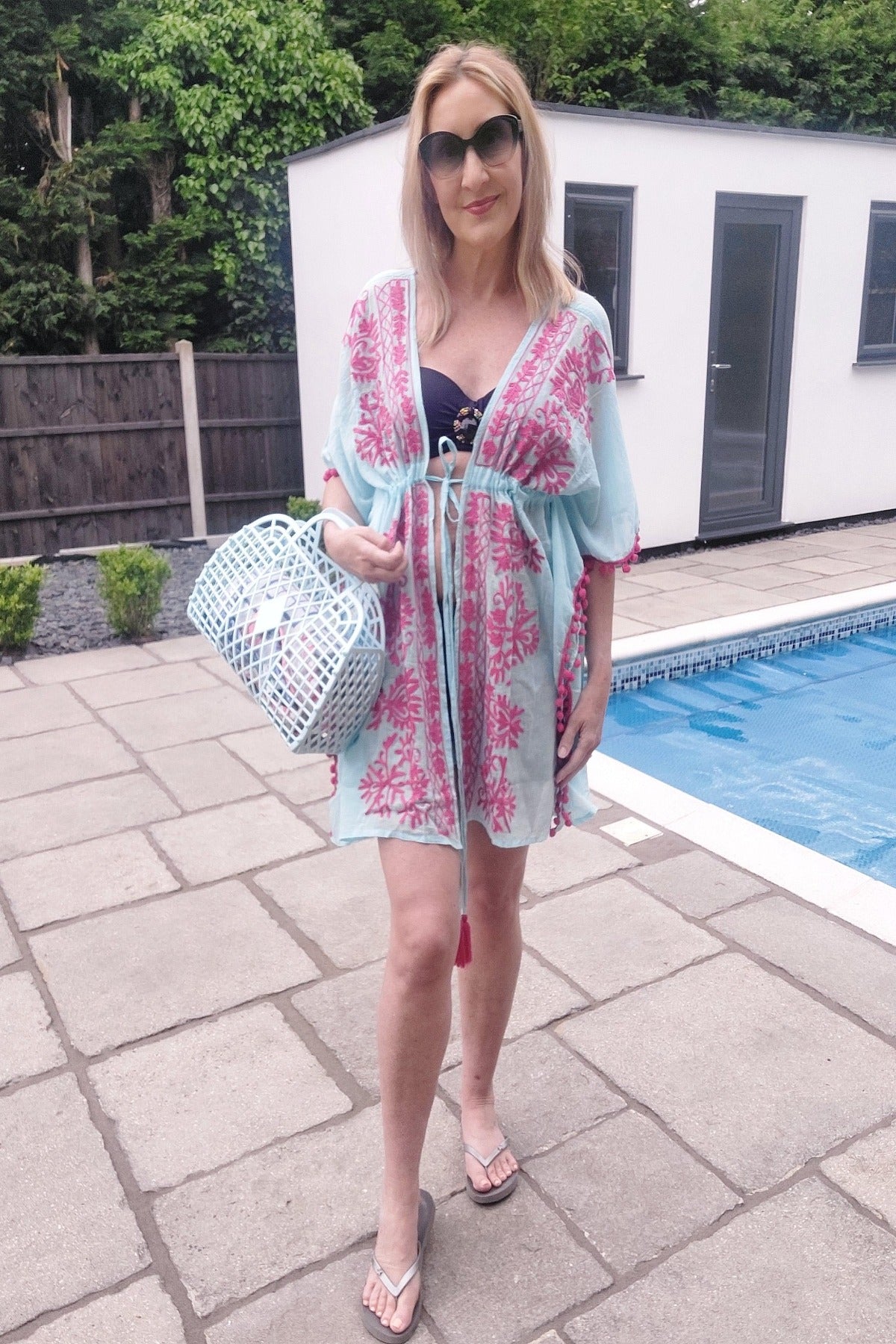 Blue Cotton Kaftan With Pink Embroidery And Pom Poms - Filli London