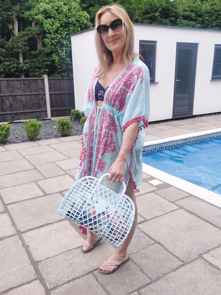 Blue Cotton Kaftan With Pink Embroidery And Pom Poms - Filli London