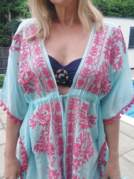 Blue Cotton Kaftan With Pink Embroidery And Pom Poms - Filli London