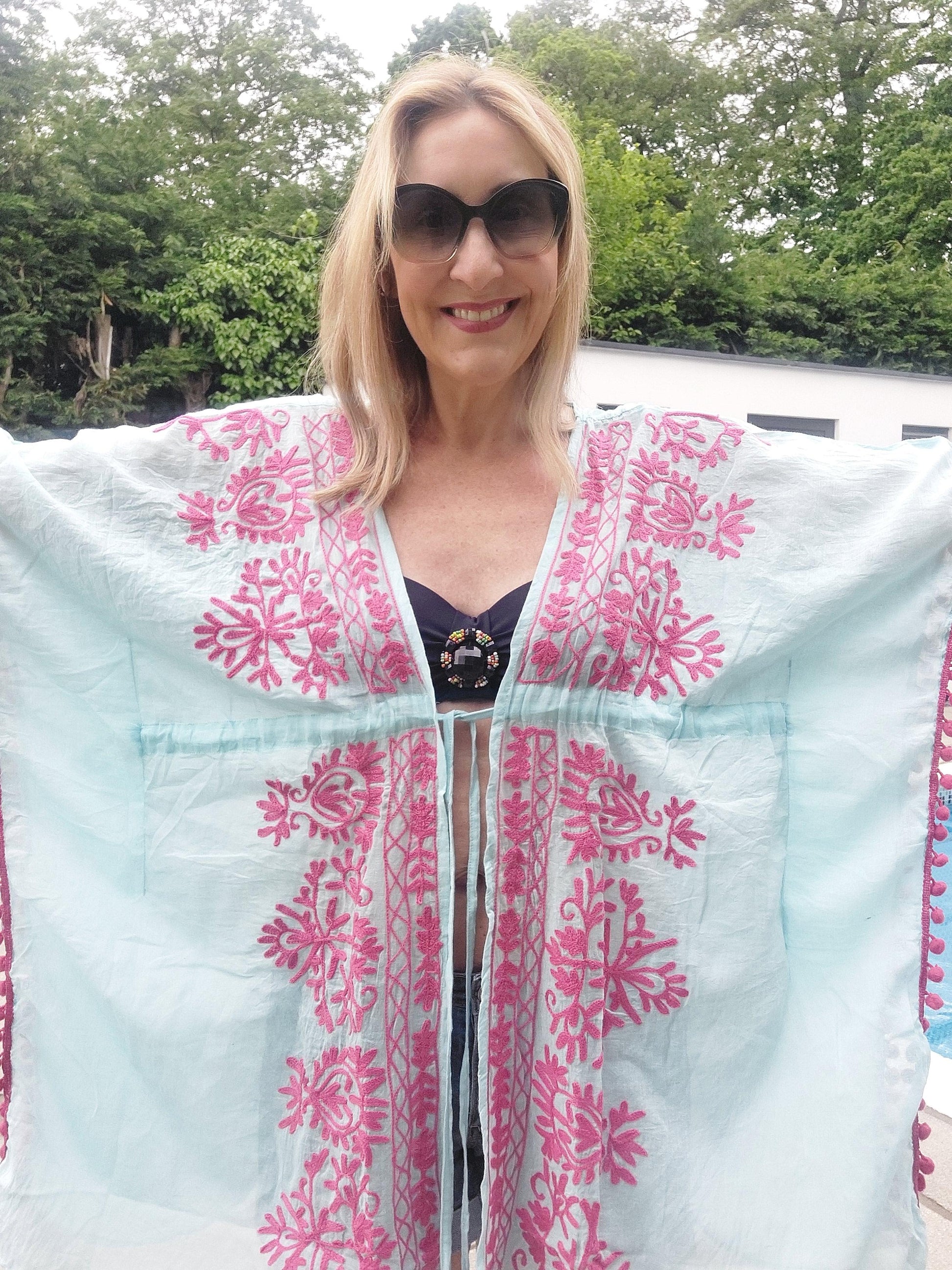 Blue Cotton Kaftan With Pink Embroidery And Pom Poms - Filli London