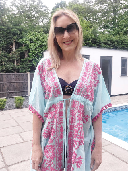 Blue Cotton Kaftan With Pink Embroidery And Pom Poms - Filli London