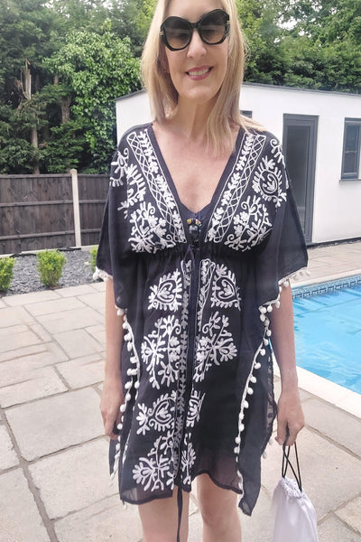 Navy Blue kaftan With White Embroidery And Pom Poms - Filli London