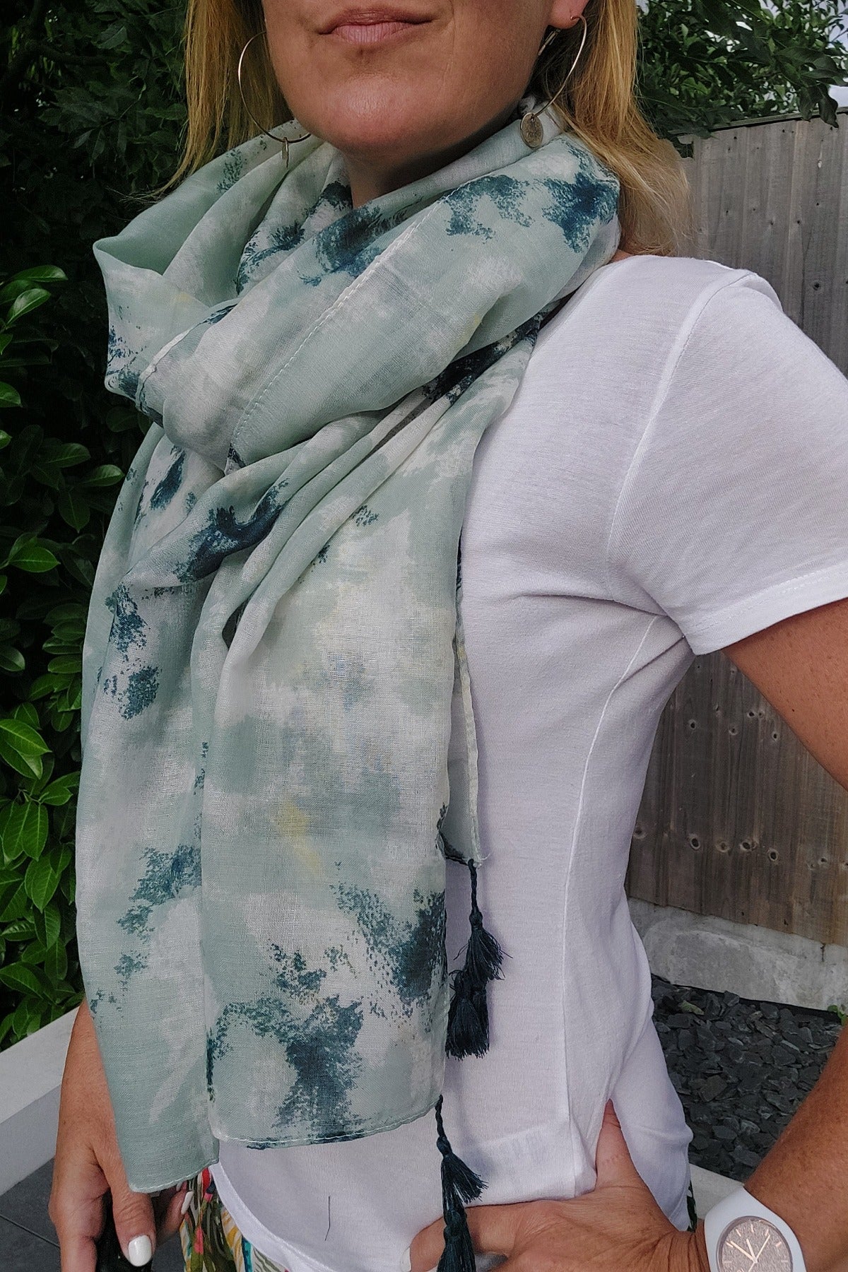 Boho Acid Wash Print Tassel Scarf/Sarong In Green - Filli London