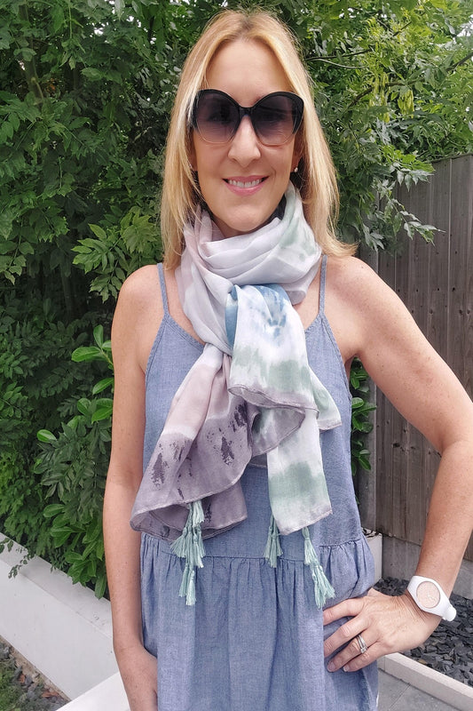 Tie Dye Stripe Tassel Scarf/Sarong In Green - Filli London