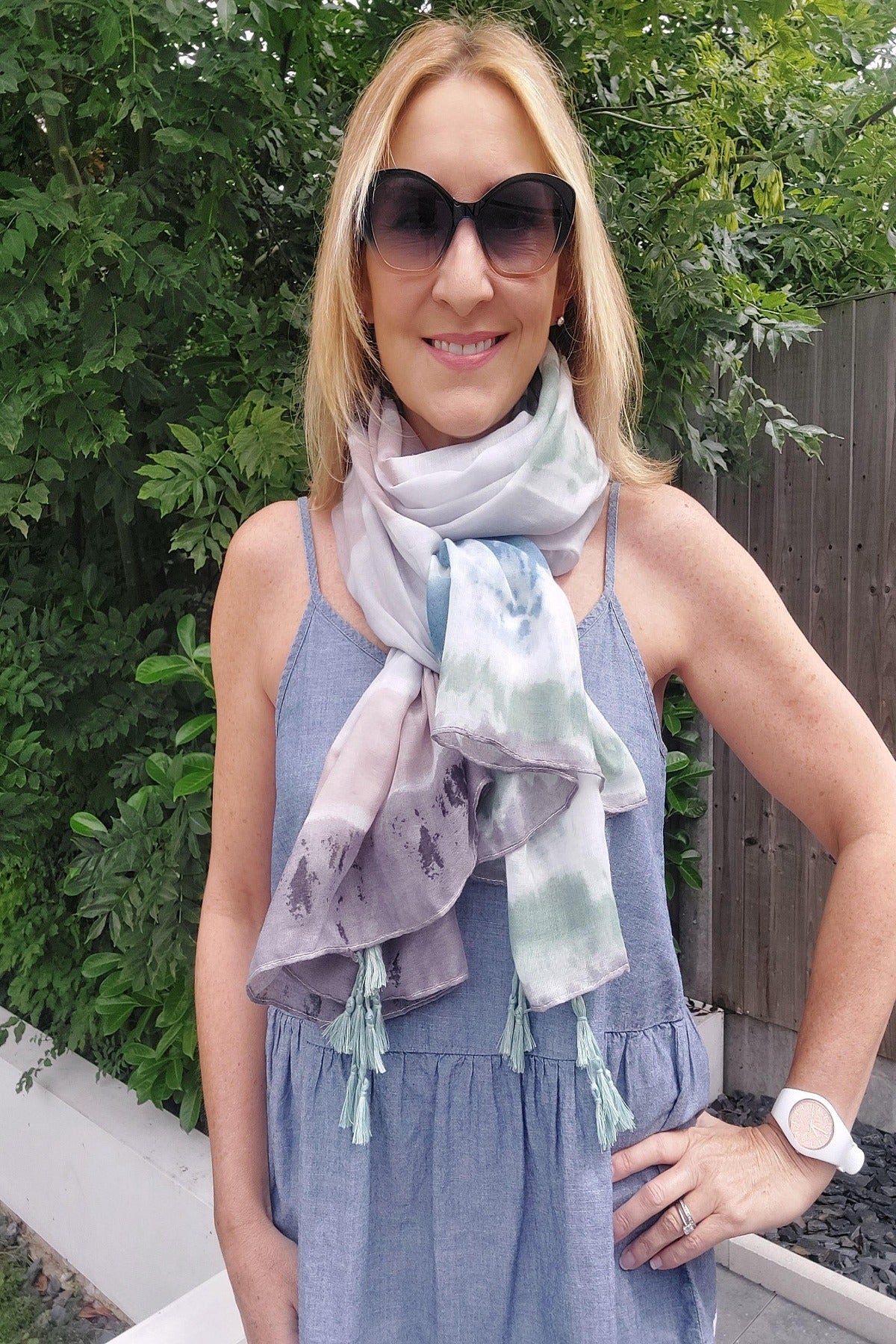 Tie Dye Stripe Tassel Scarf/Sarong In Green - Filli London