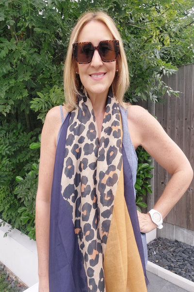 Leopard Print Colour Block Frayed Scarf In Navy - Filli London