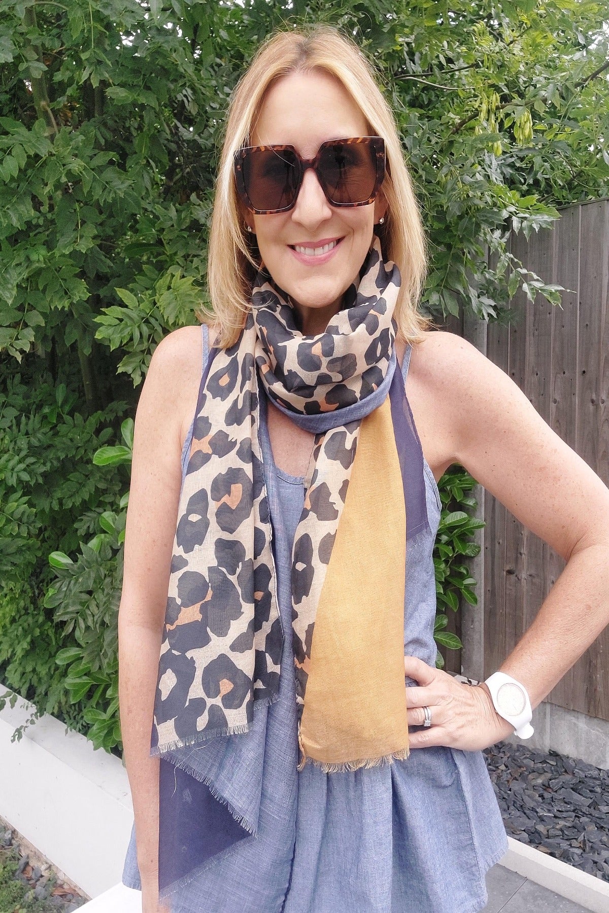 Leopard Print Colour Block Frayed Scarf In Navy - Filli London