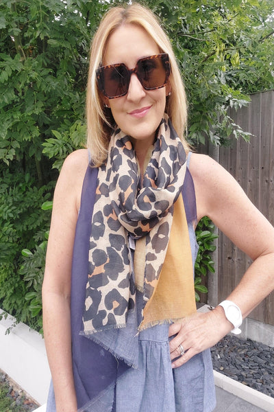 Leopard Print Colour Block Frayed Scarf In Navy - Filli London