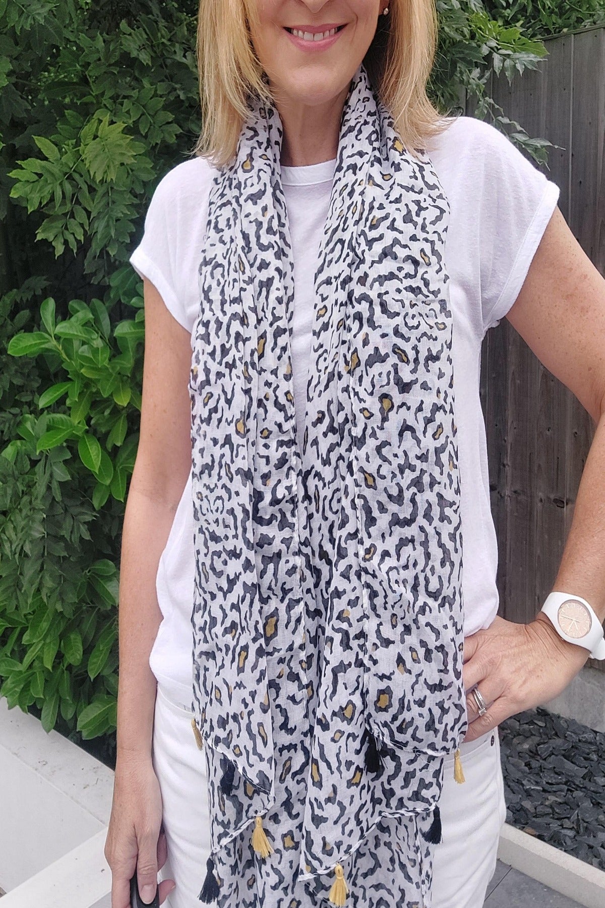 Animal Print Tassel Scarf/Sarong in White And Black - Filli London