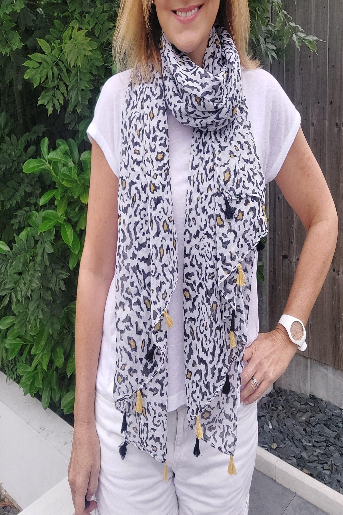 Animal Print Tassel Scarf/Sarong in White And Black - Filli London