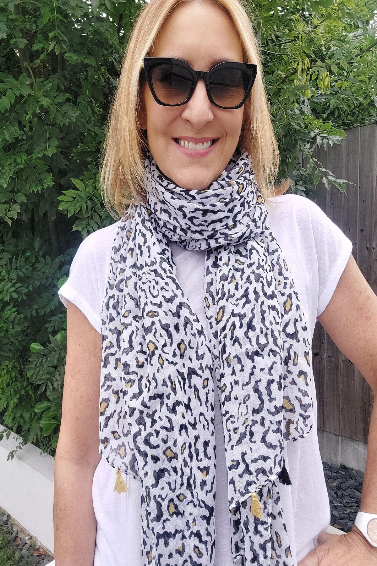 Animal Print Tassel Scarf/Sarong in White And Black - Filli London