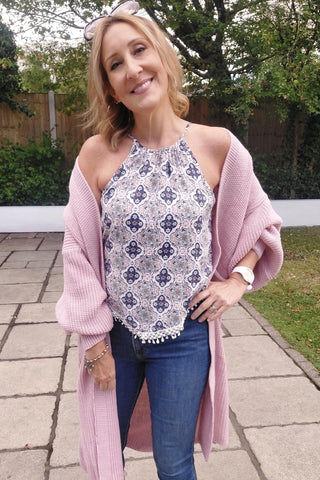 Chunky Knit Balloon Sleeve Cardigan In Pink