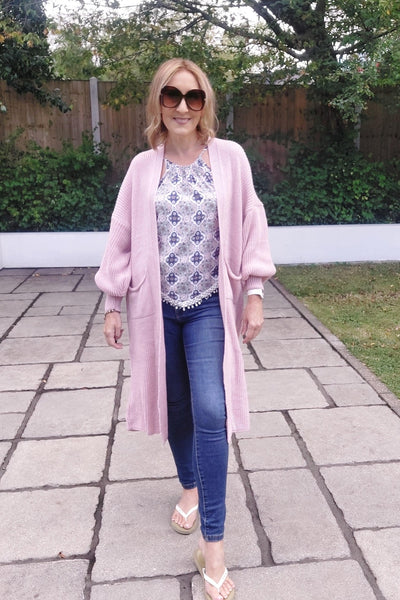 Chunky Knit Balloon Sleeve Cardigan In Pink