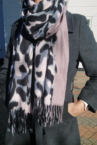 Plain and Leopard Print Soft Wool Tassel Scarf In Grey/Pink - Filli London