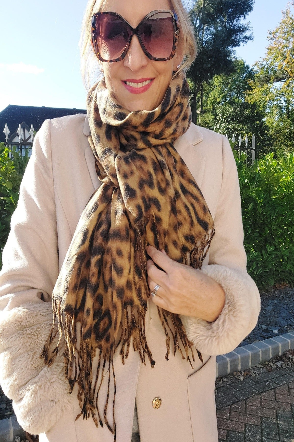 Luxury Warm Leopard Wool Mix Scarf with Tassels In Camel