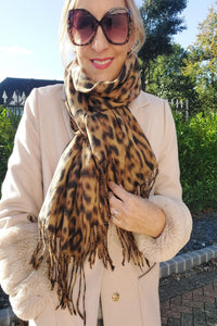 Luxury Warm Leopard Wool Scarf with Tassels In Camel