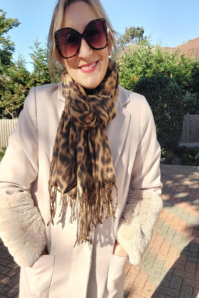 Luxury Warm Leopard Wool Mix Scarf with Tassels In Camel