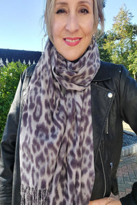 Luxury Warm Leopard Wool Scarf with Tassels In Grey - Filli London