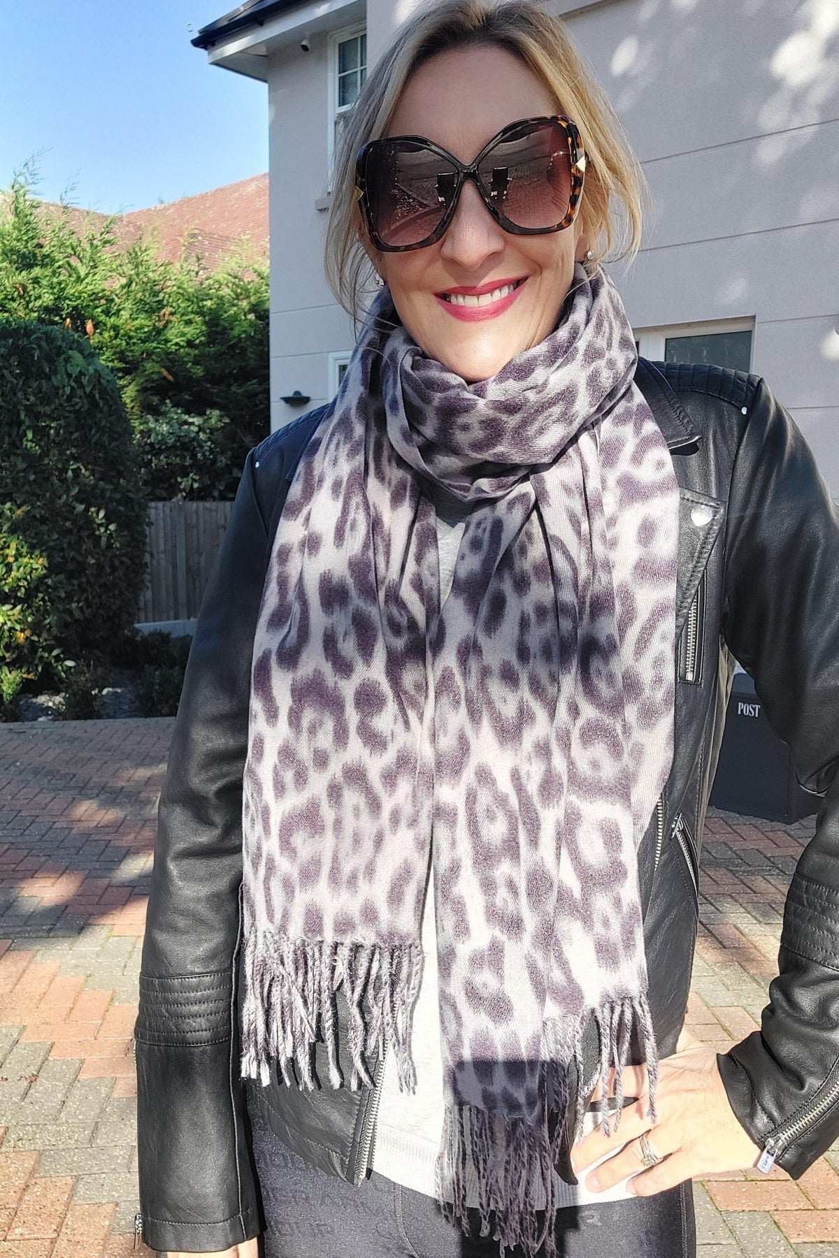 Luxury Warm Leopard Wool Scarf with Tassels In Grey - Filli London