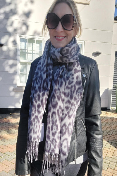 Luxury Warm Leopard Wool Scarf with Tassels In Grey - Filli London