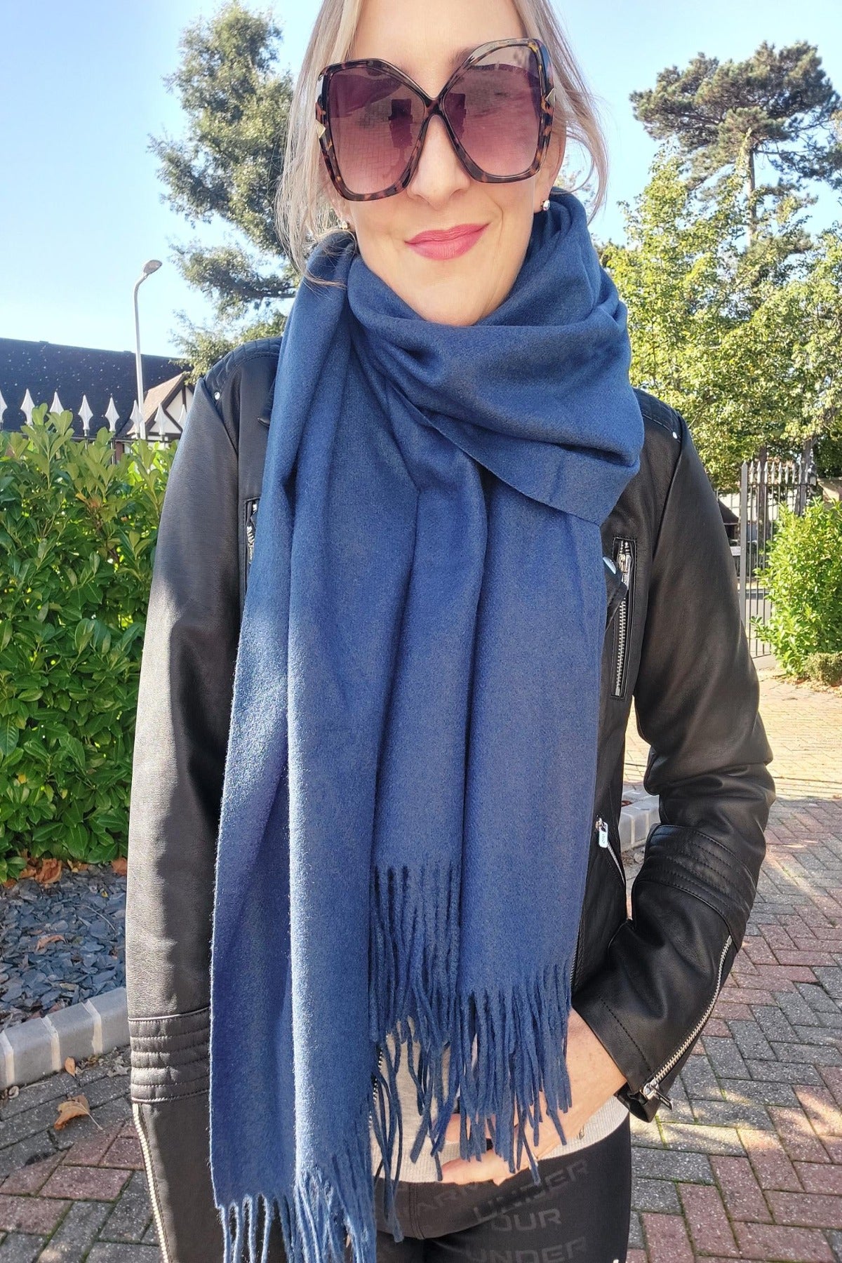 Plain Soft Wool Tassel Blanket Wrap Scarf In Navy Blue - Filli London